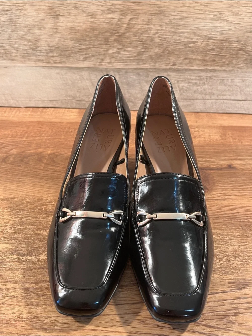 Naturalizer Wynrie Black Patent Leather Heeled Loafer Bit Pumps